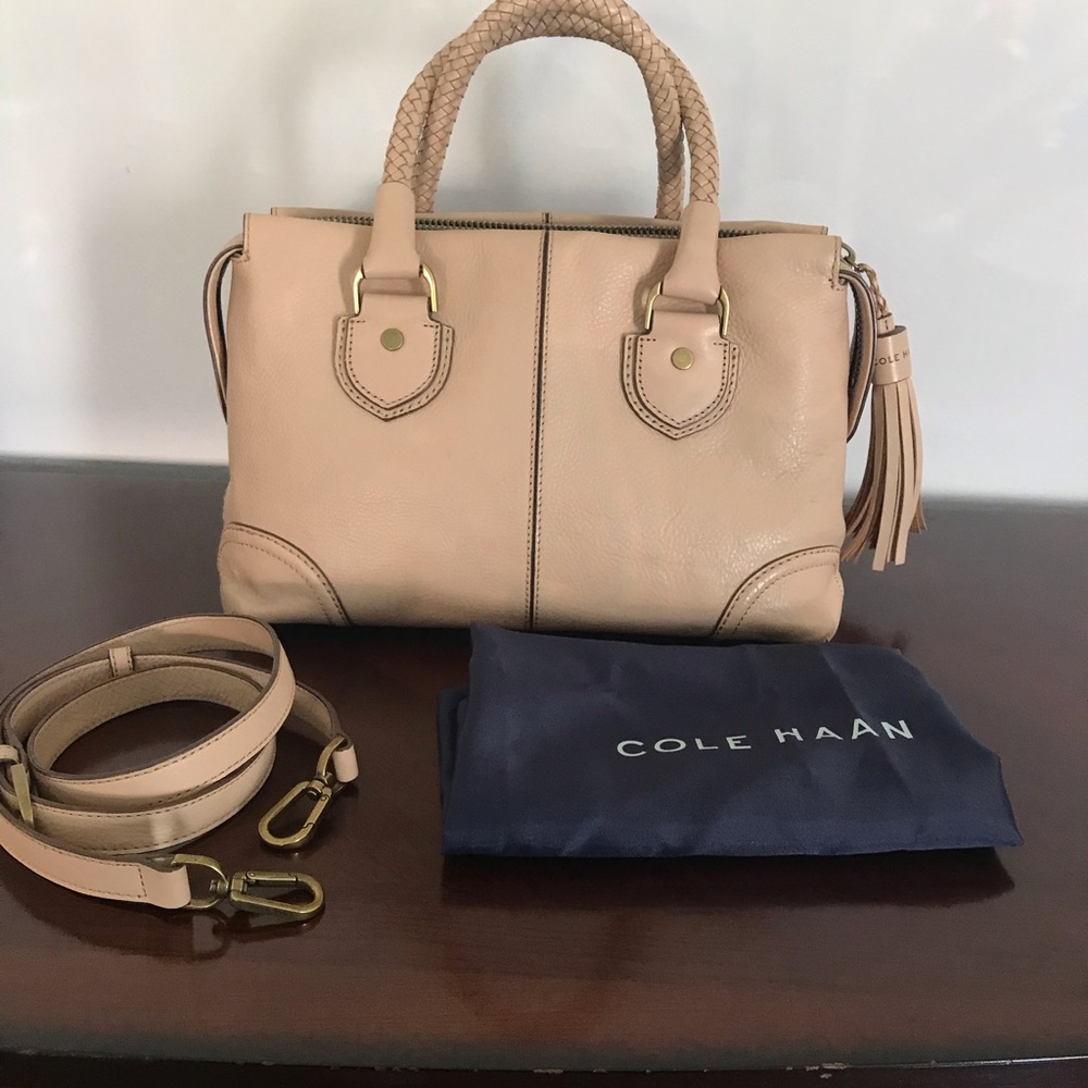Vintage Cole Haan Beige Leather Satchel with Braided Handles Matte Gold Hardware